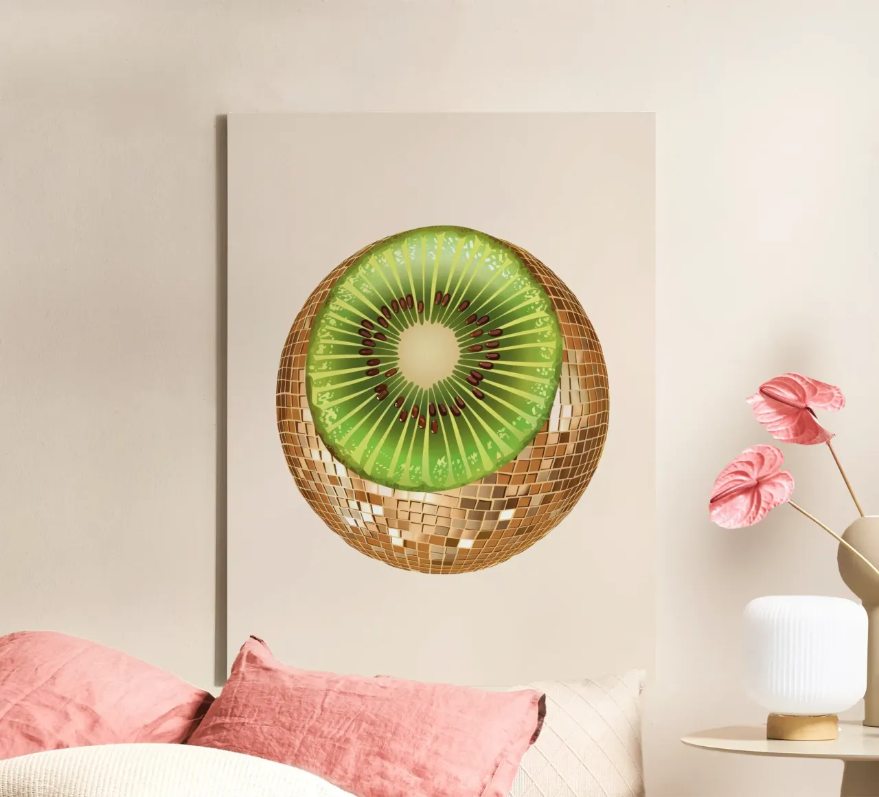 Kiwi, frutta Disco Ball Art tela con Cornice a cassetta da Peaches Art Prints