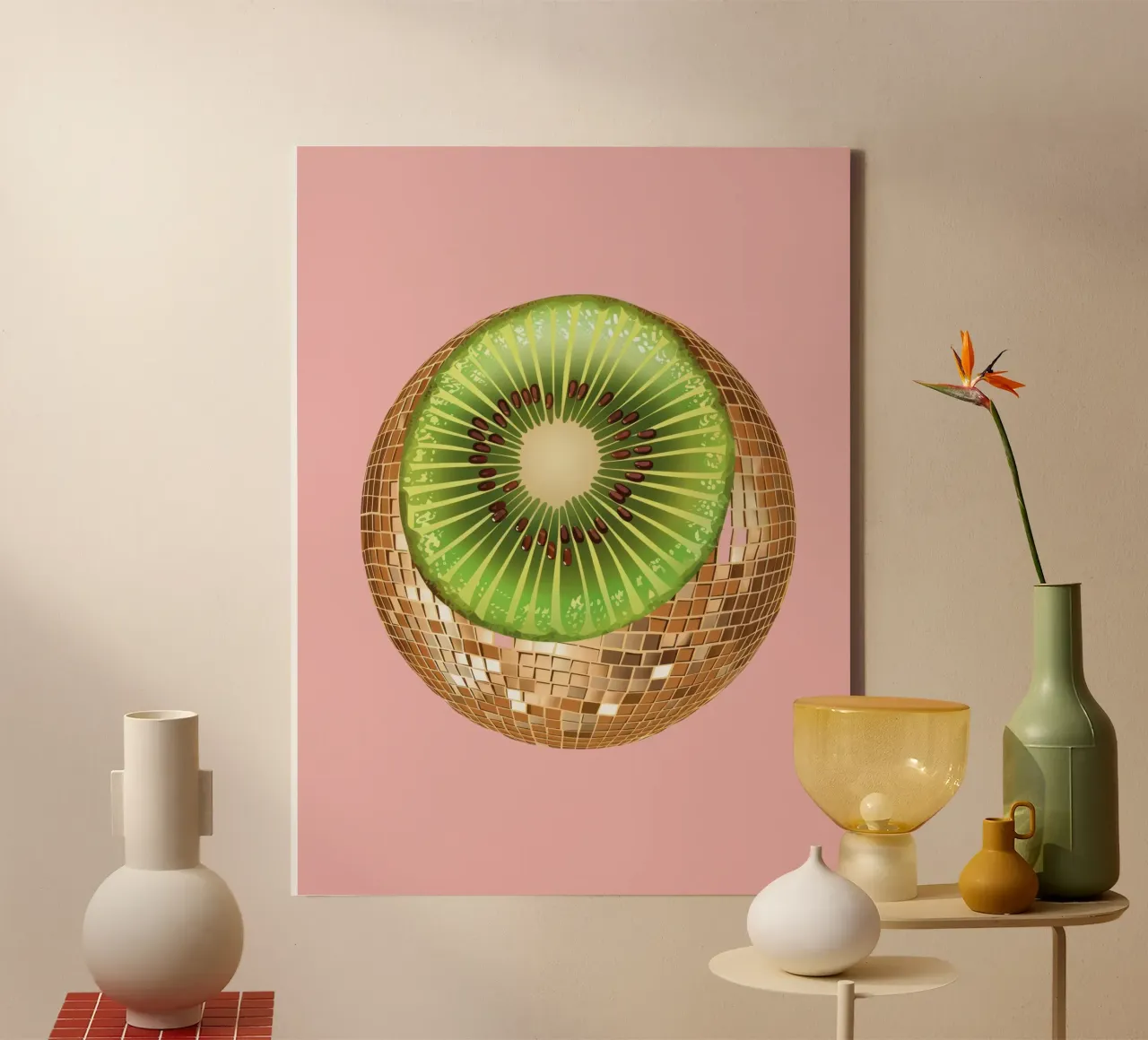Kiwi, palla da discoteca alla frutta in rosa tela con Cornice a cassetta da Peaches Art Prints