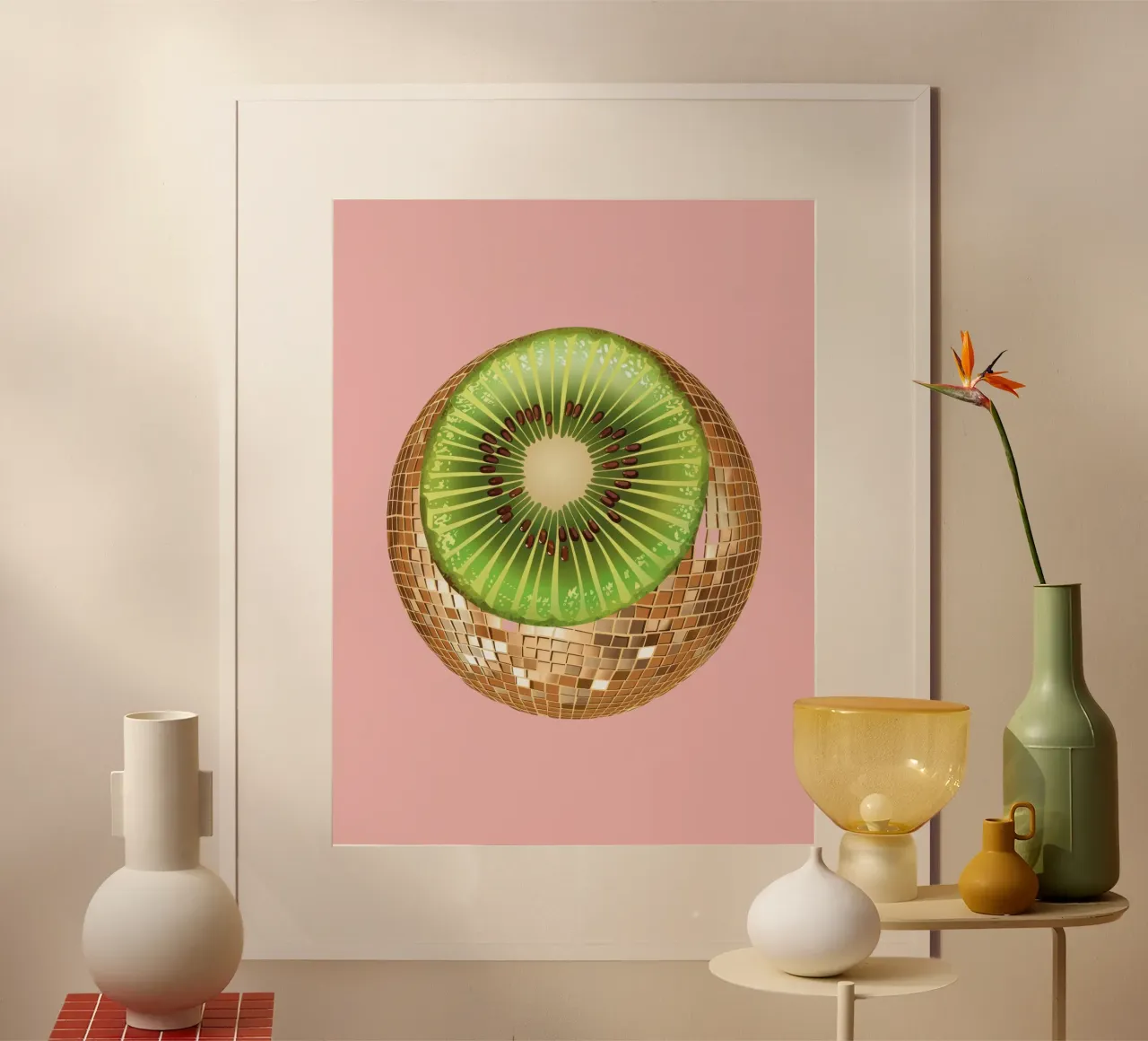 Kiwi, palla da discoteca alla frutta in rosa poster da Peaches Art Prints