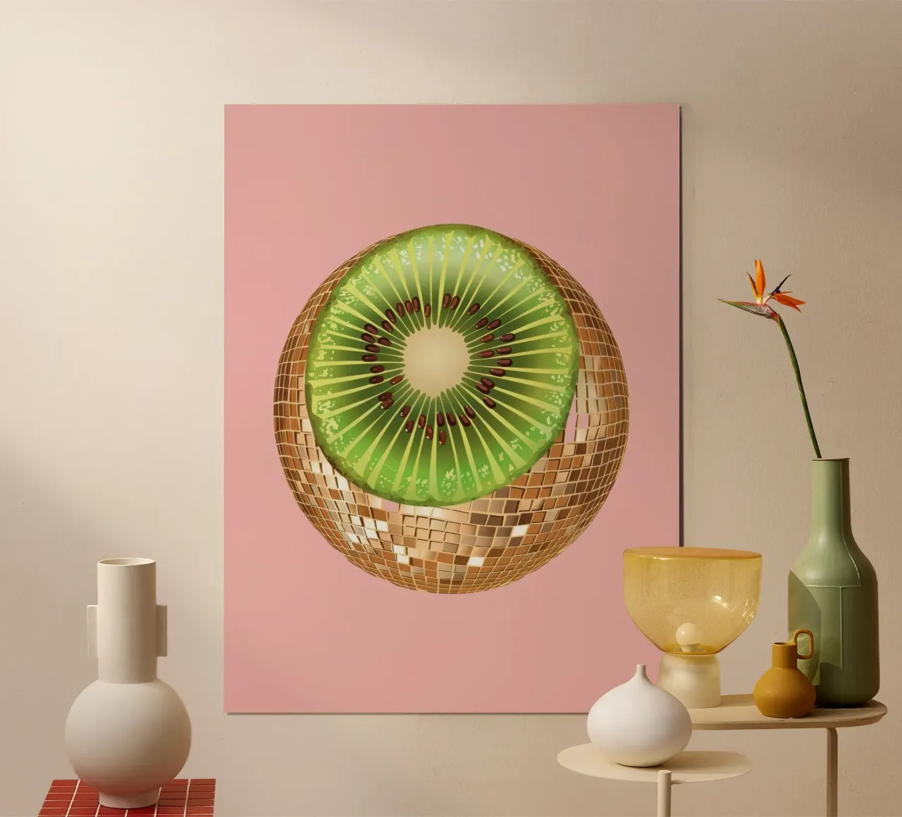 Kiwi, palla da discoteca alla frutta in rosa poster da Peaches Art Prints