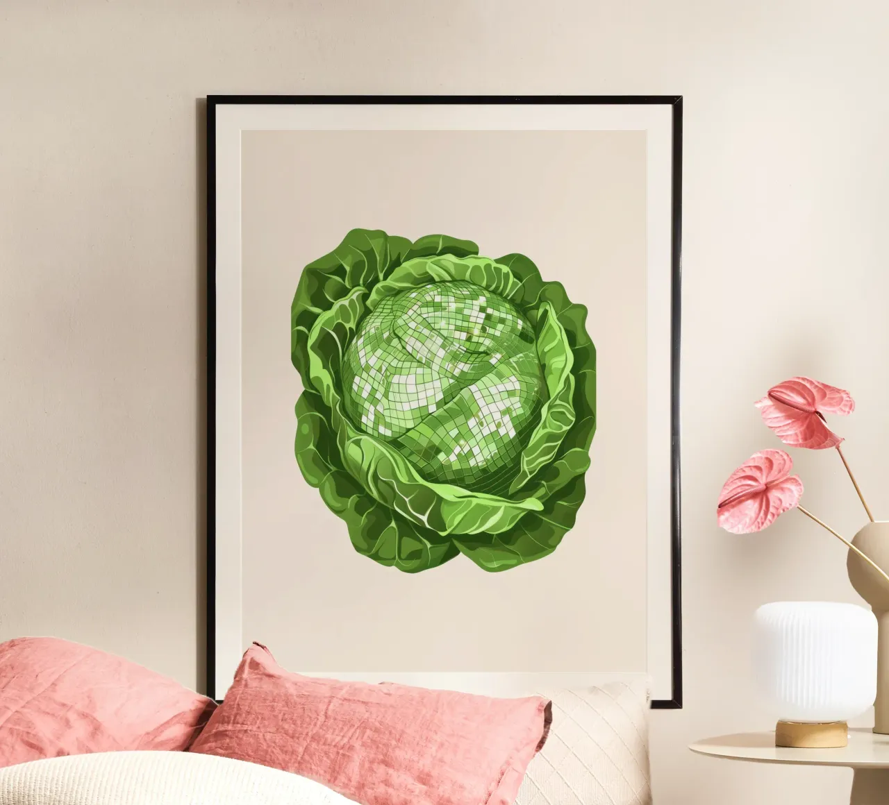 Lattuga, Disco Ball Art - Verdure poster con telaio in alluminio da Peaches Art Prints