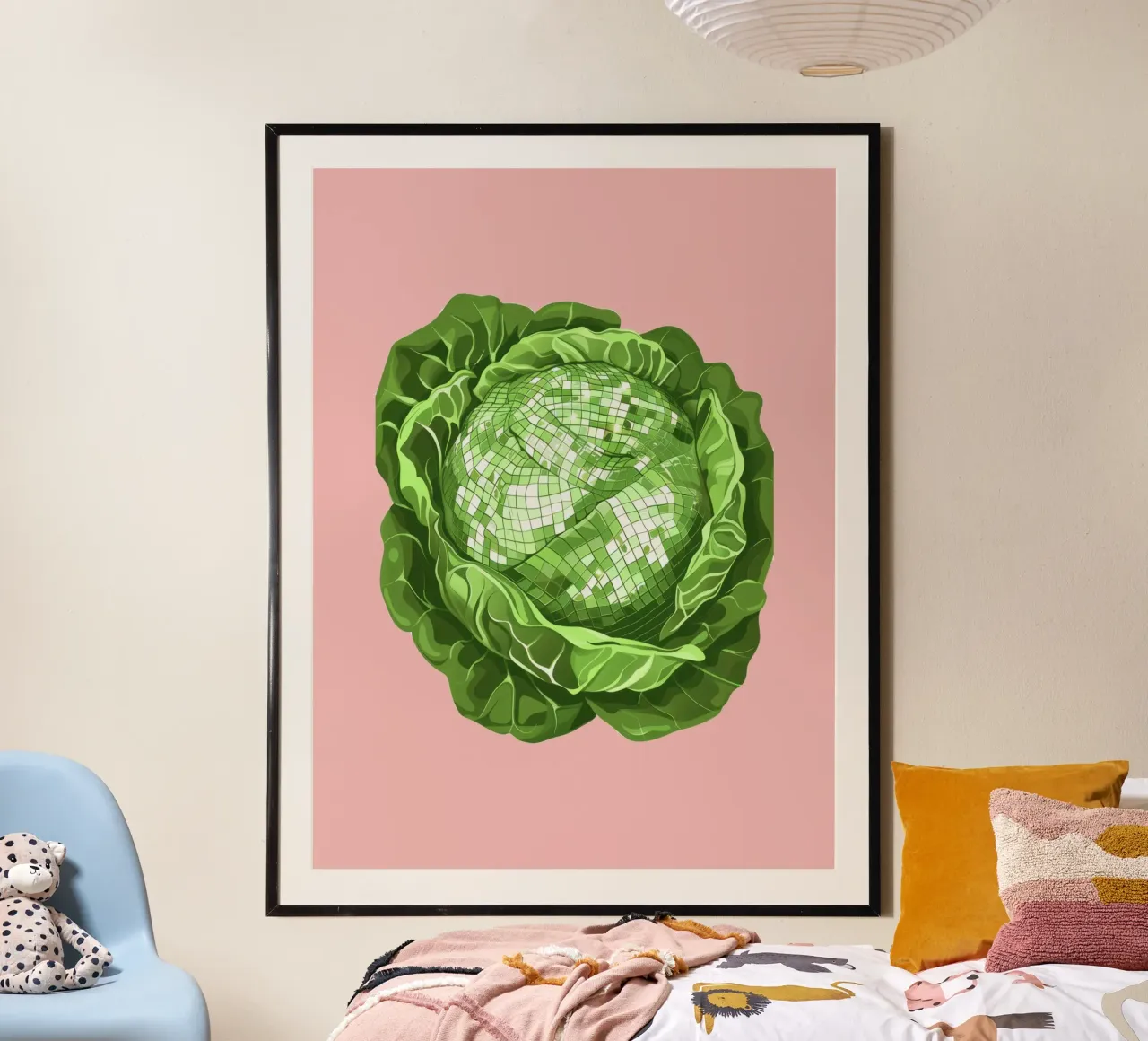 Lattuga, Disco Ball Pink - Verdure poster con telaio in alluminio da Peaches Art Prints