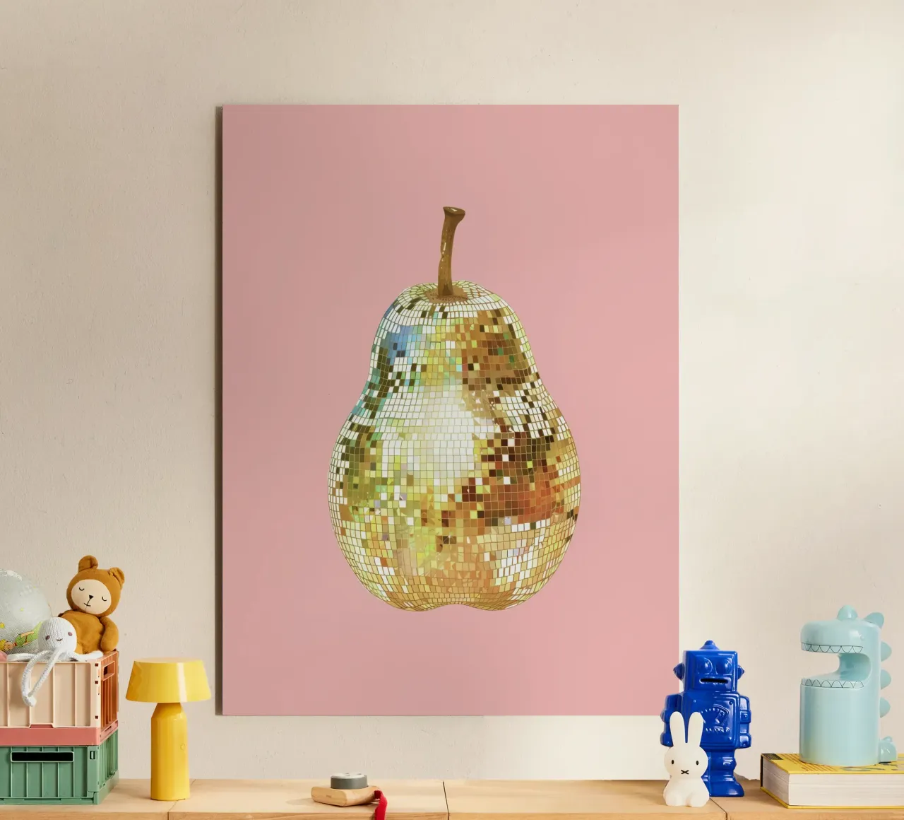 Pera, Disco Ball in frutta rosa alluminio dibond da Peaches Art Prints