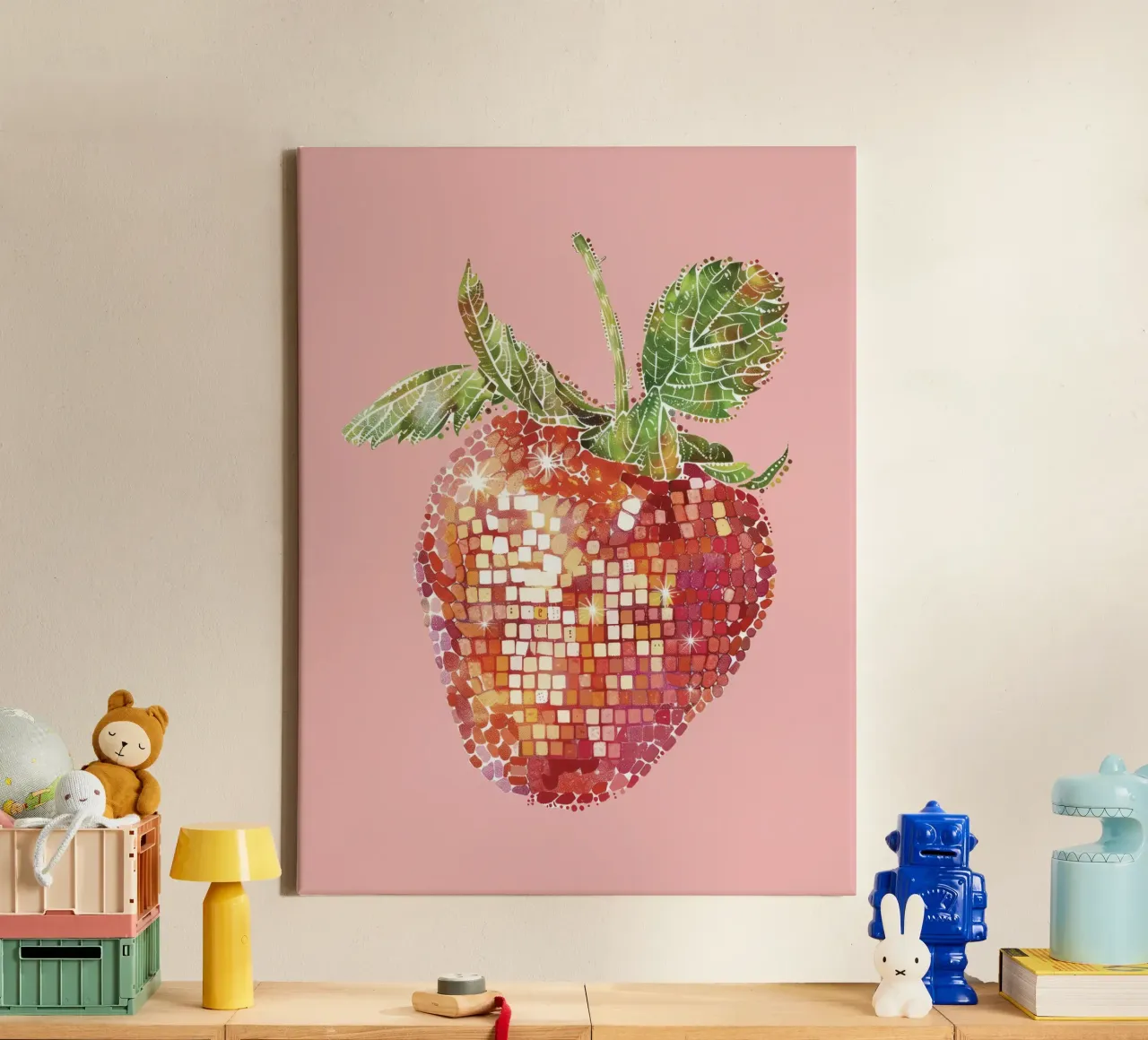 Fragola, Disco Ball in rosa - Frutta tela con Cornice a cassetta da Peaches Art Prints