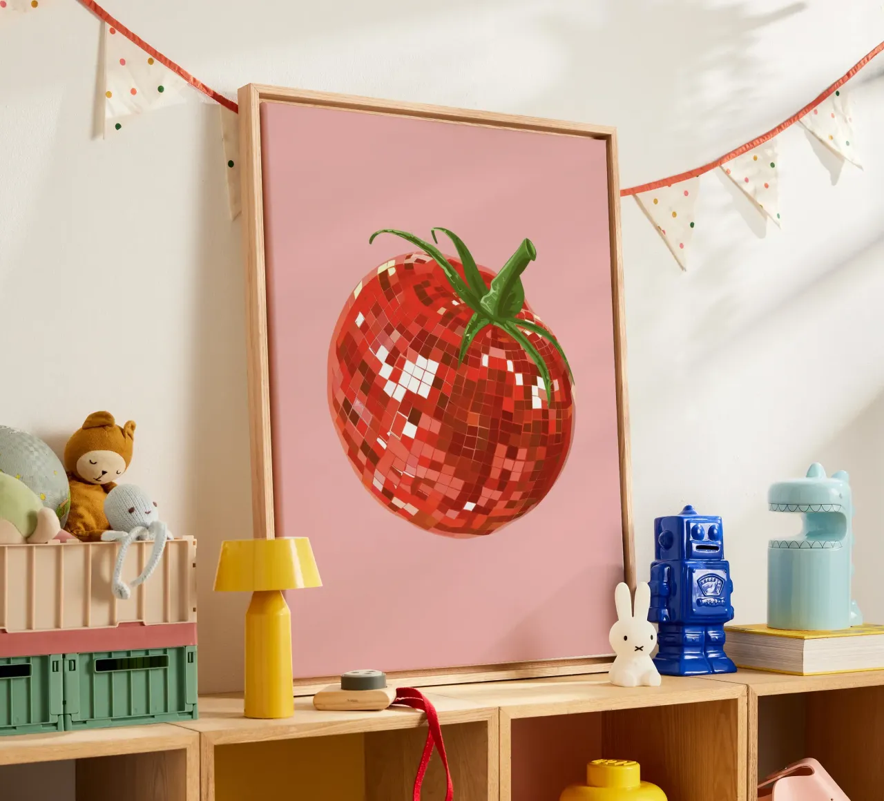 Tomato, Disco Ball in Pink canvas met Baklijst van Peaches Art Prints