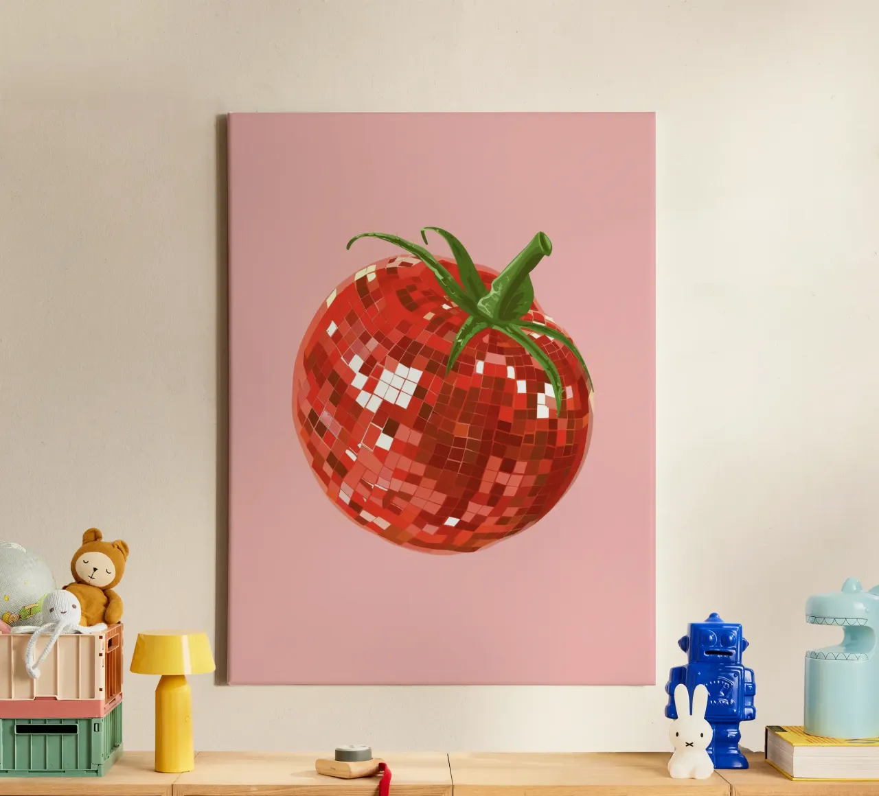 Tomato, Disco Ball in Pink canvas met Baklijst van Peaches Art Prints
