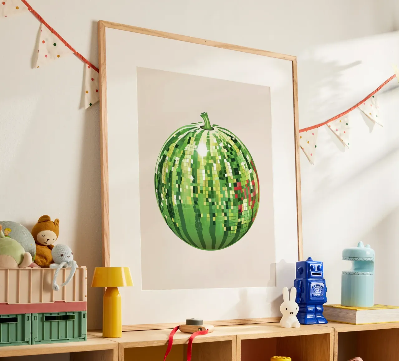 Cocomero, Disco Ball Art Disco Fruit poster con telaio in plastica da Peaches Art Prints