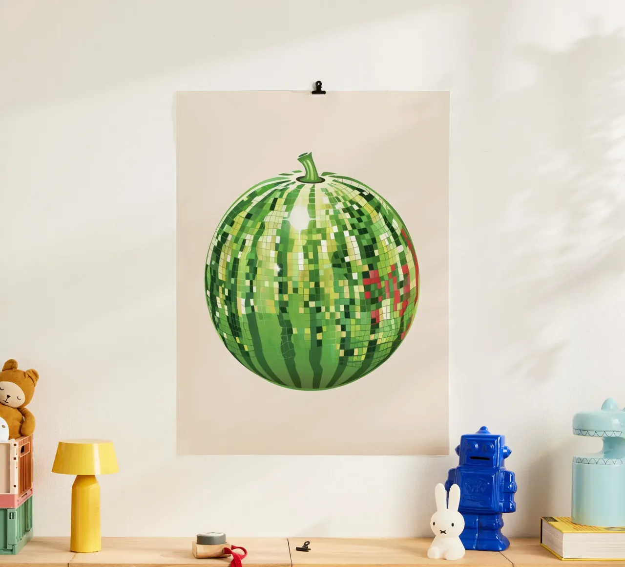 Cocomero, Disco Ball Art Disco Fruit poster con telaio in plastica da Peaches Art Prints