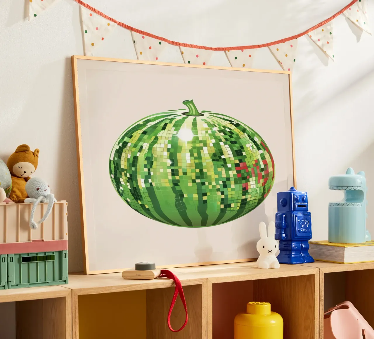 Cocomero, Disco Ball Art Disco Fruit poster con telaio in plastica da Peaches Art Prints