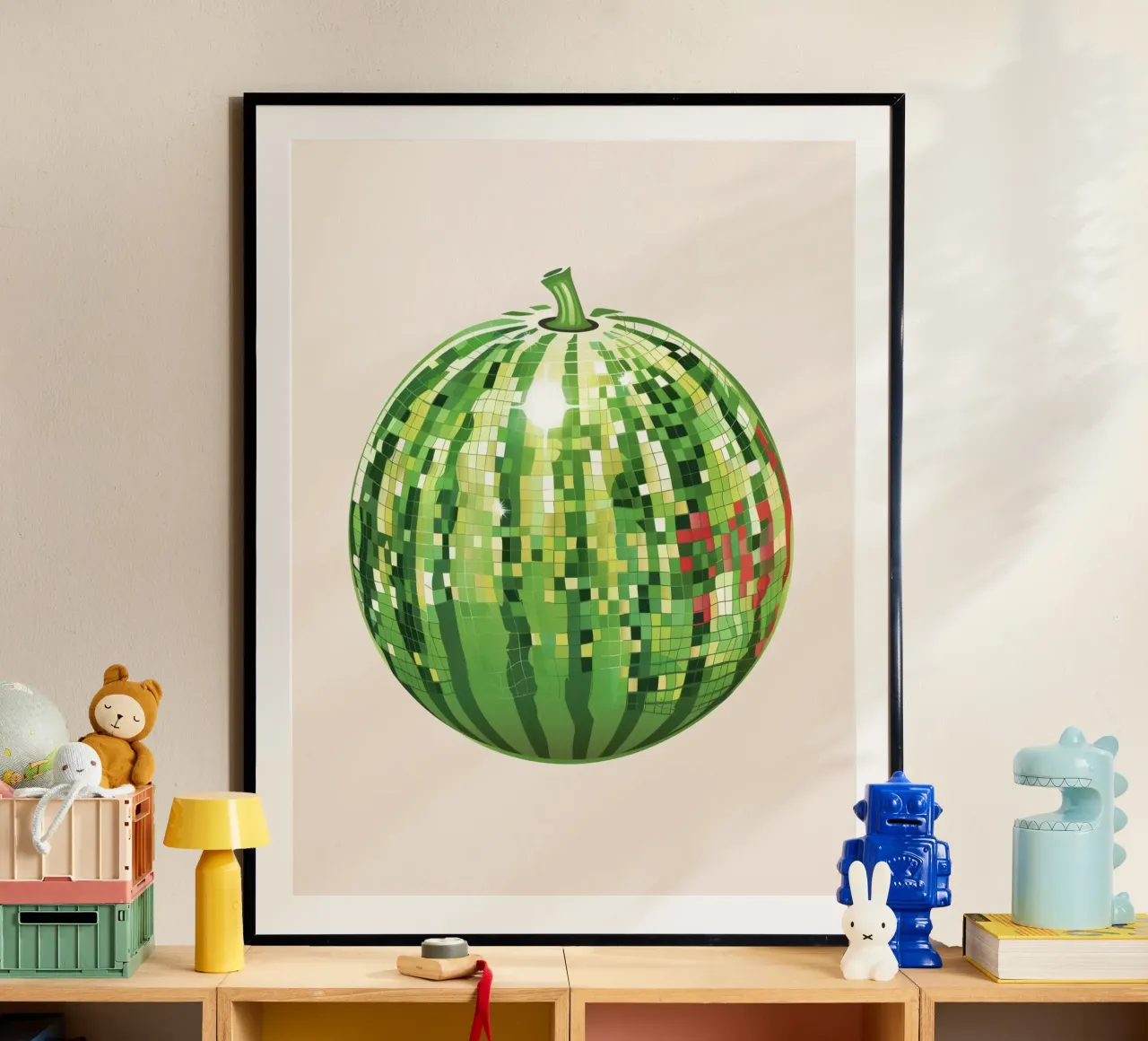 Cocomero, Disco Ball Art Disco Fruit poster con telaio in plastica da Peaches Art Prints