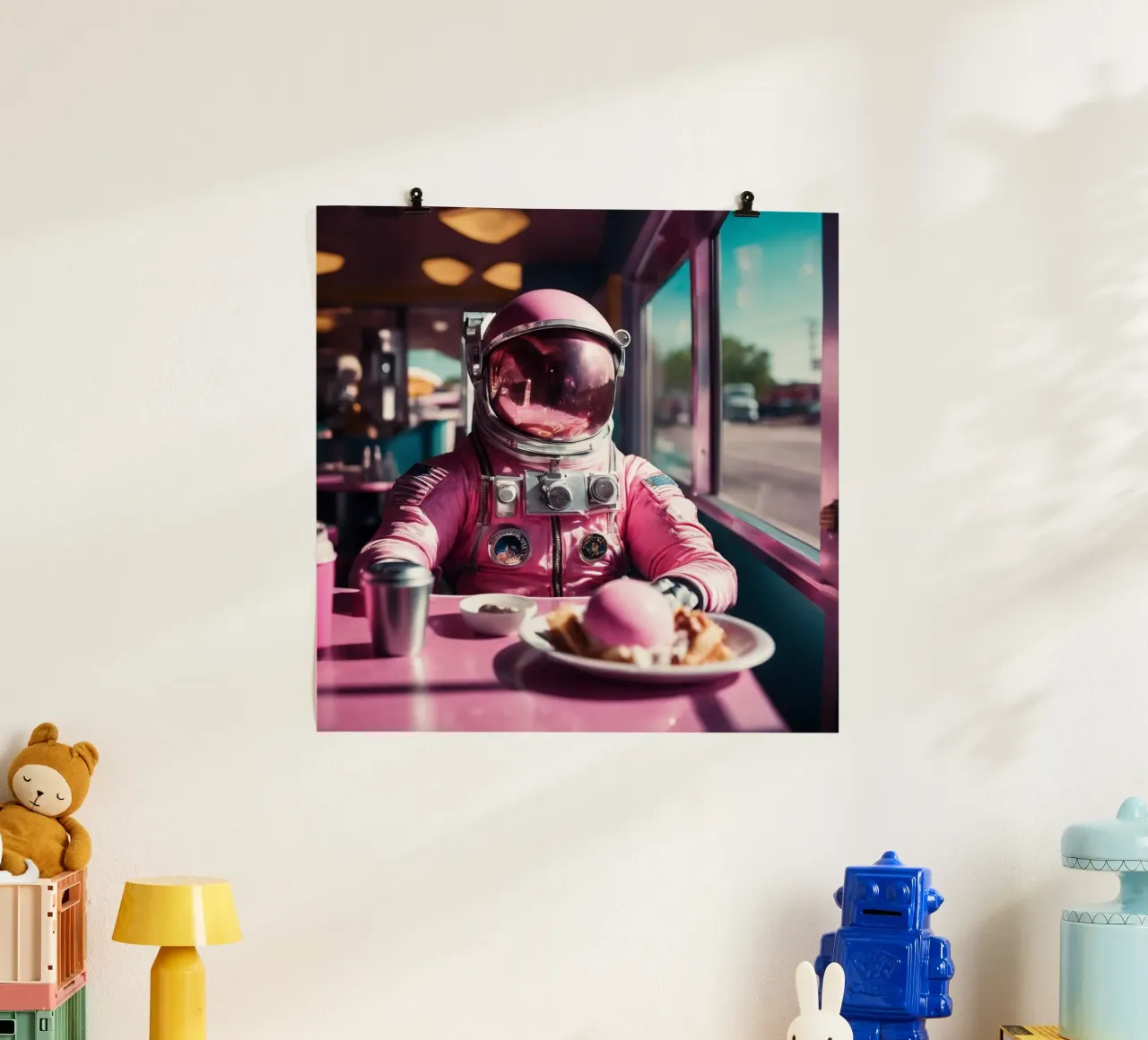 Pink Astronaut poster con telaio in plastica da Flo Klein