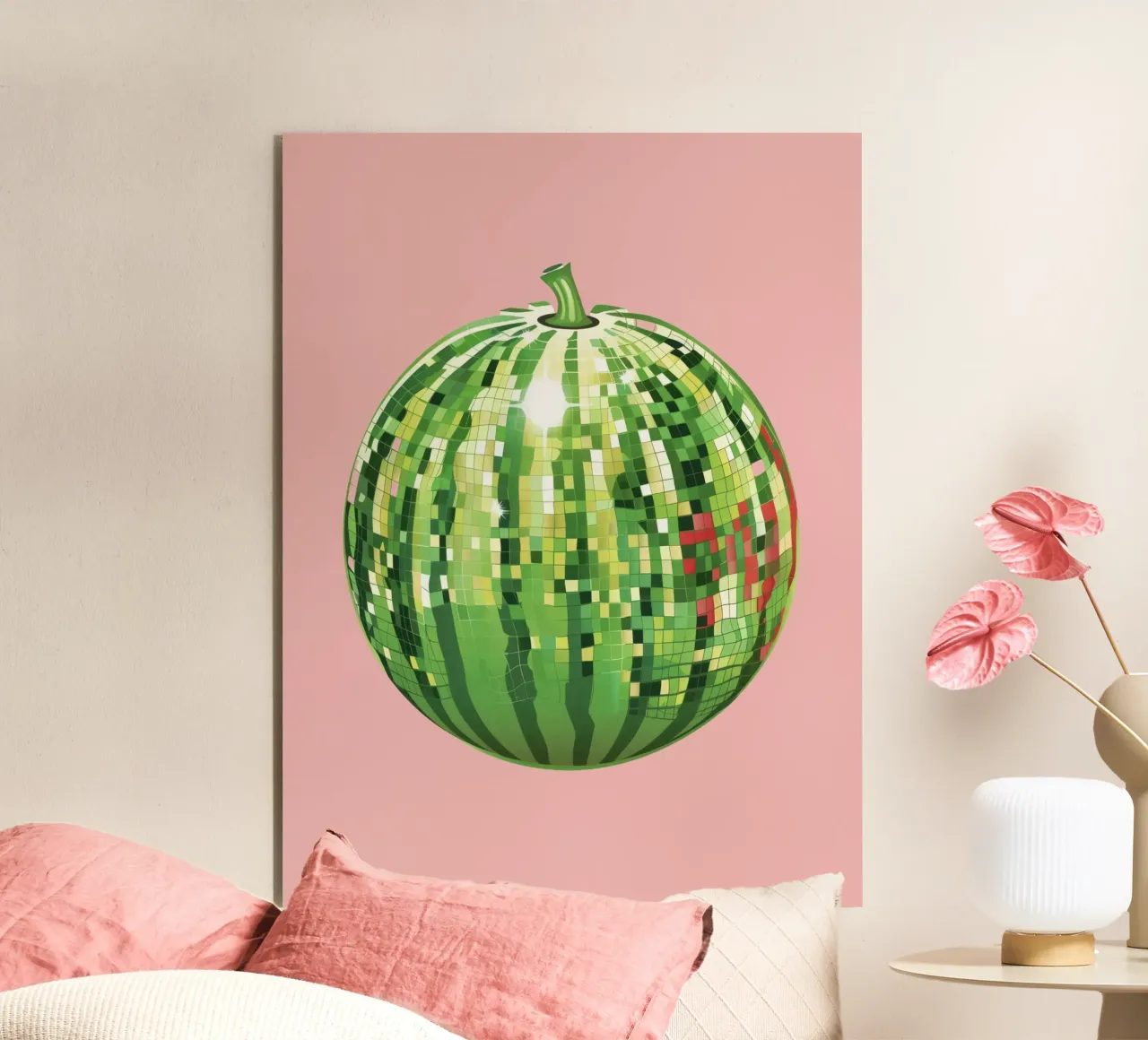 Palla da discoteca all'anguria in rosa - Frutta pannello forex da Peaches Art Prints