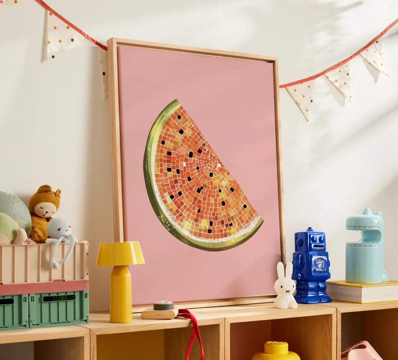Fetta di anguria, palla da discoteca in rosa - Fruit Art tela con Cornice a cassetta da Peaches Art Prints