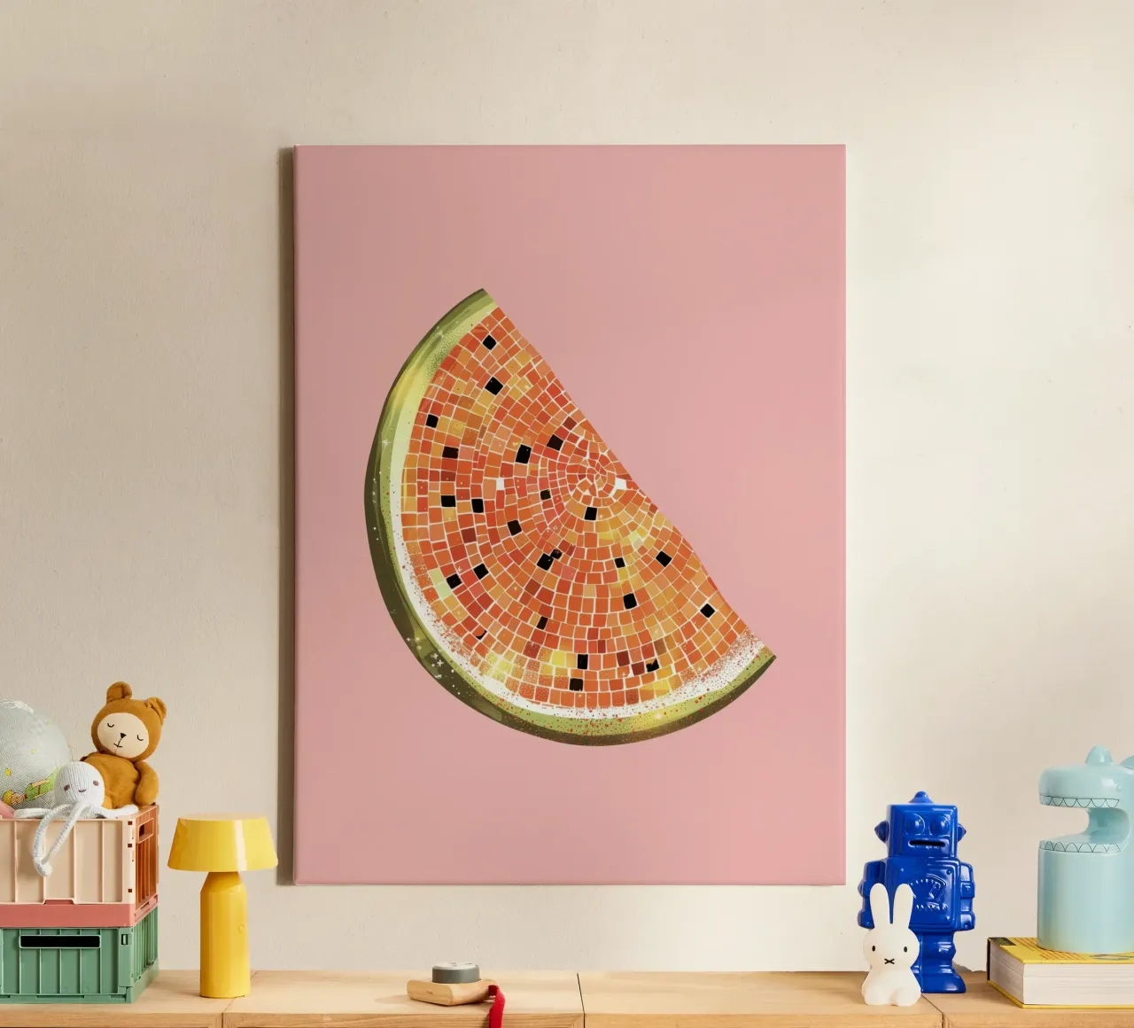 Fetta di anguria, palla da discoteca in rosa - Fruit Art tela con Cornice a cassetta da Peaches Art Prints