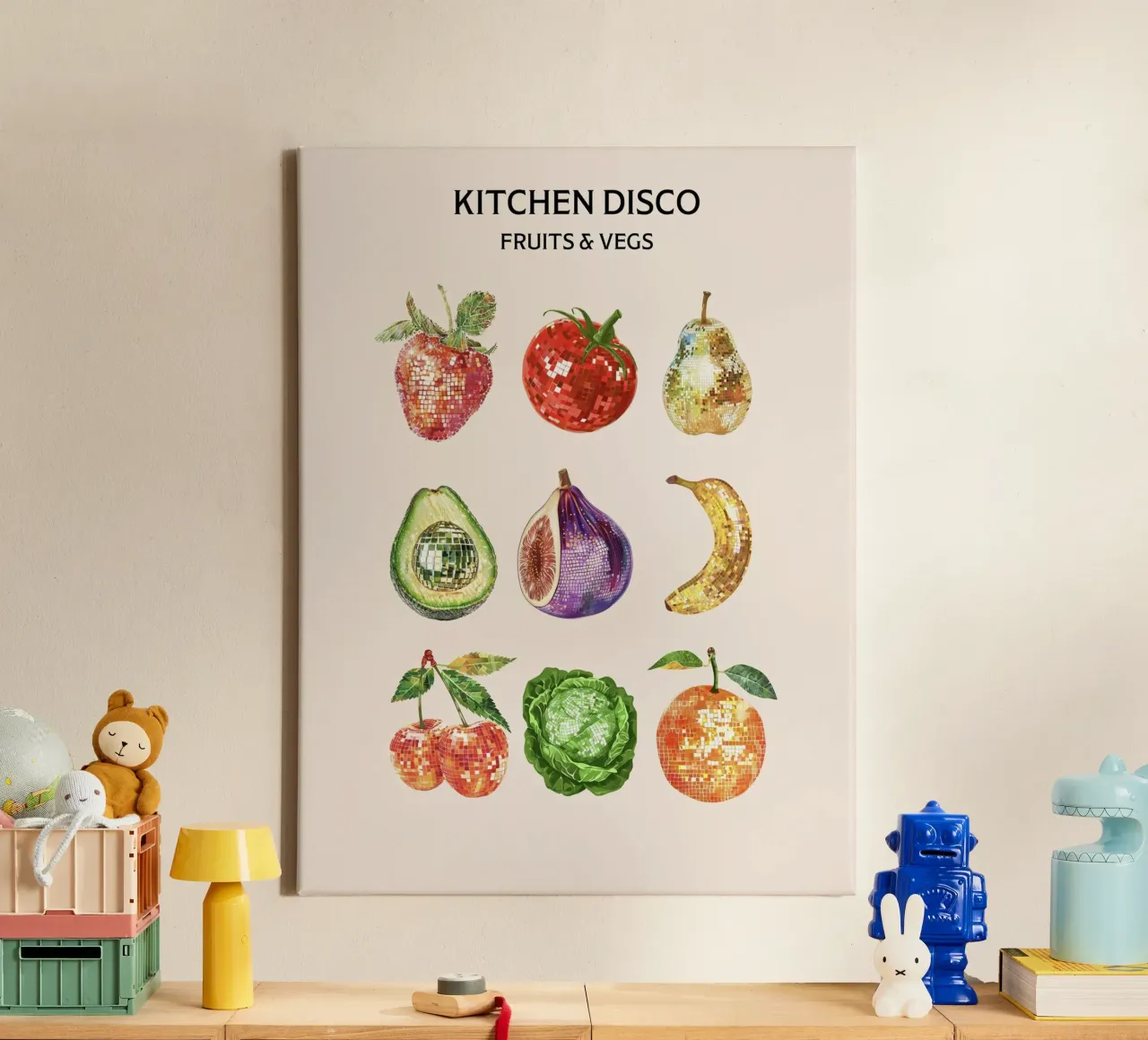 Disco da cucina, Disco Ball Frutta e verdura tela con Cornice a cassetta da Peaches Art Prints