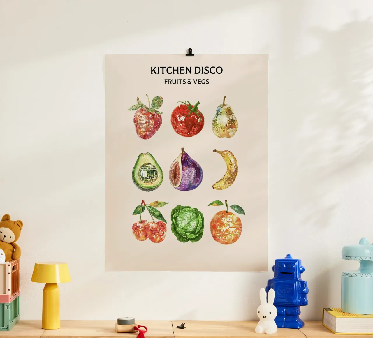 Disco da cucina, Disco Ball Frutta e verdura poster con telaio in alluminio da Peaches Art Prints