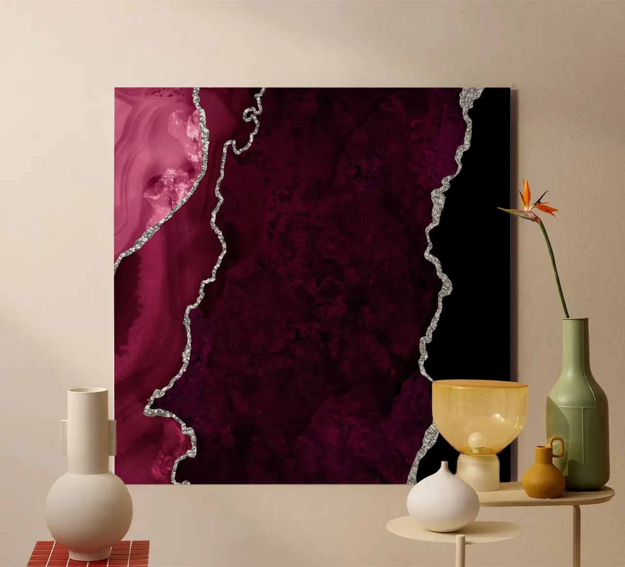 Burgunder & Silber Achat Textur 01 Alu-Dibond von Gemstone Textures