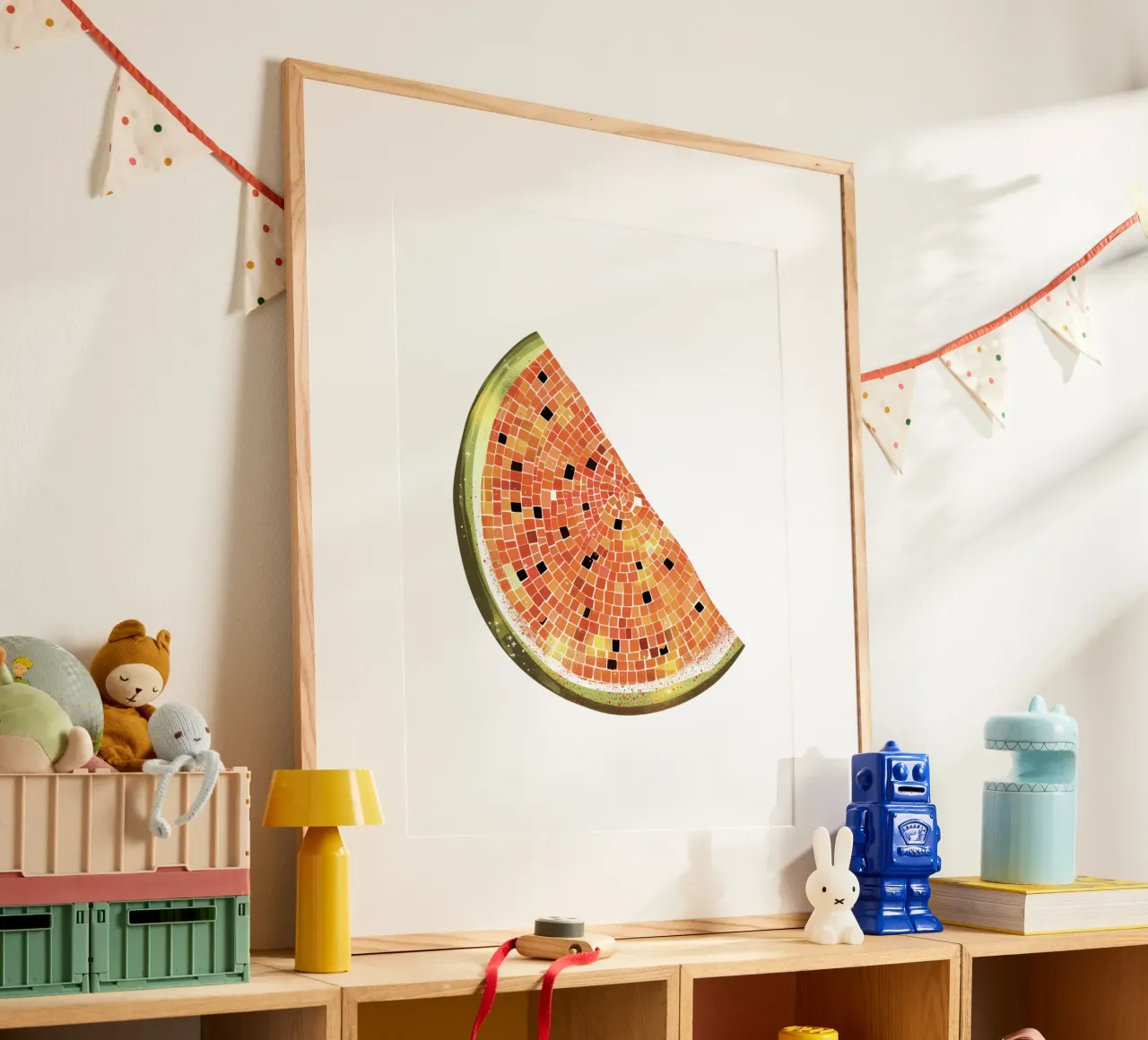 Fetta d'anguria, palla da discoteca - Frutti bianchi poster con telaio in alluminio da Peaches Art Prints