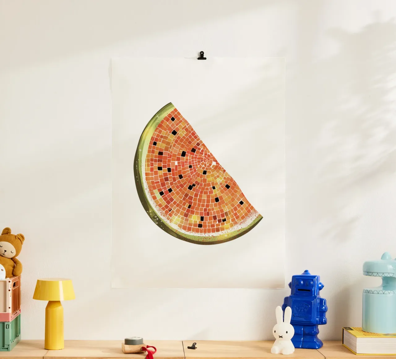 Fetta d'anguria, palla da discoteca - Frutti bianchi poster con telaio in alluminio da Peaches Art Prints