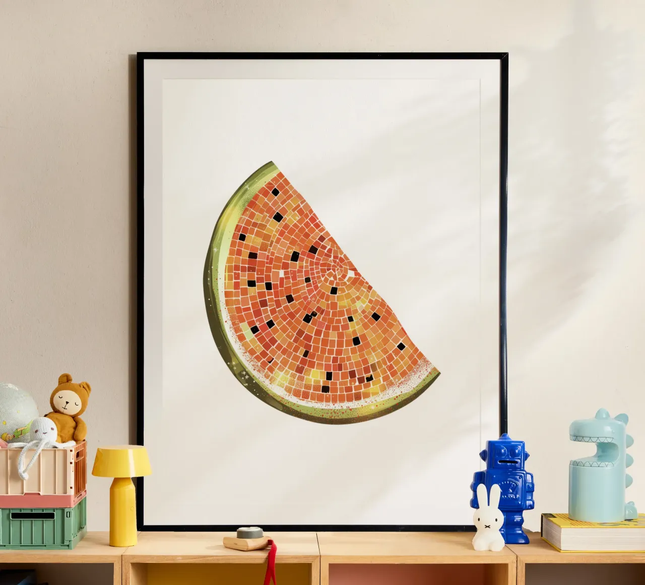 Fetta d'anguria, palla da discoteca - Frutti bianchi poster con telaio in alluminio da Peaches Art Prints