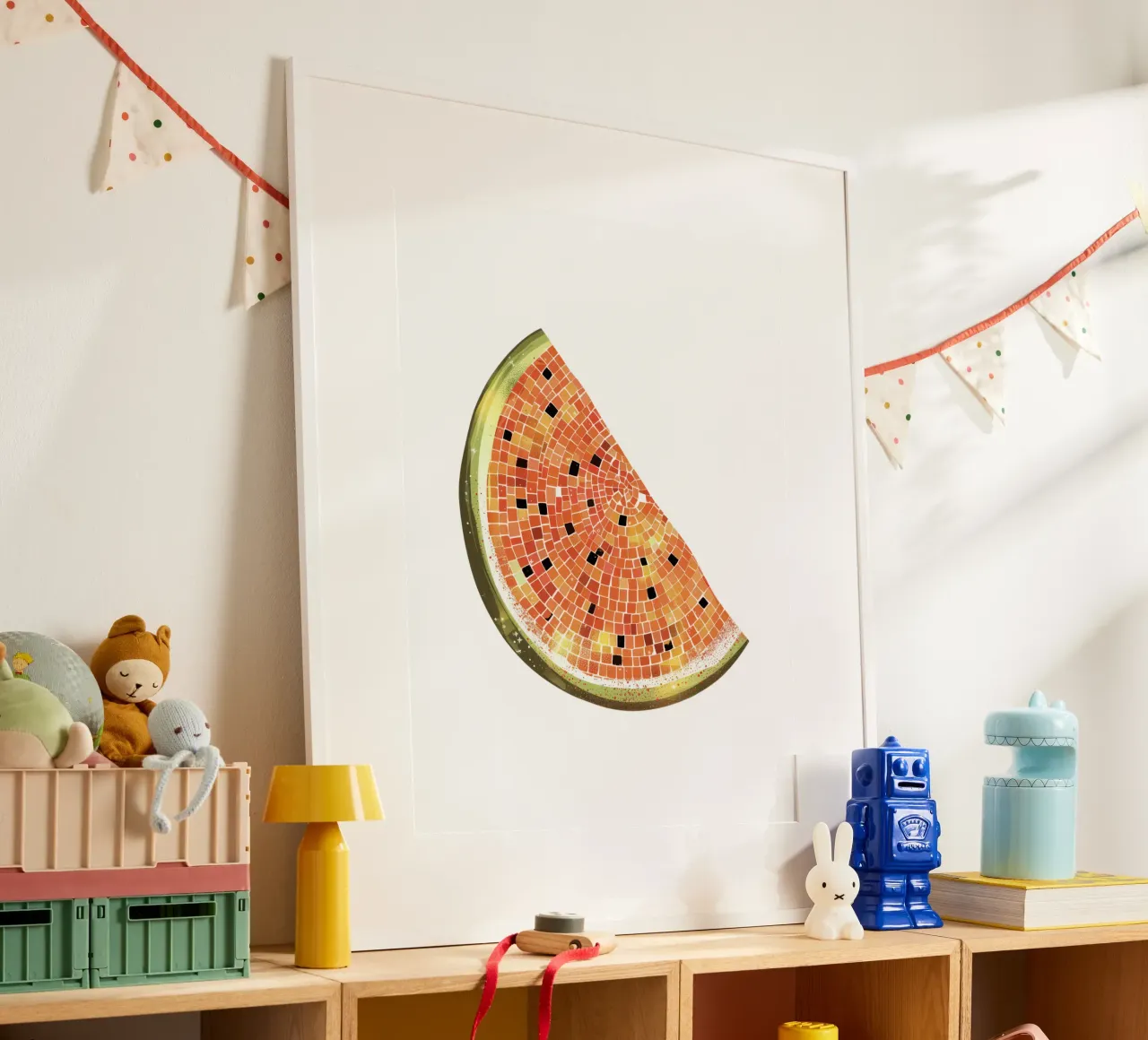 Fetta d'anguria, palla da discoteca - Frutti bianchi poster con telaio in alluminio da Peaches Art Prints