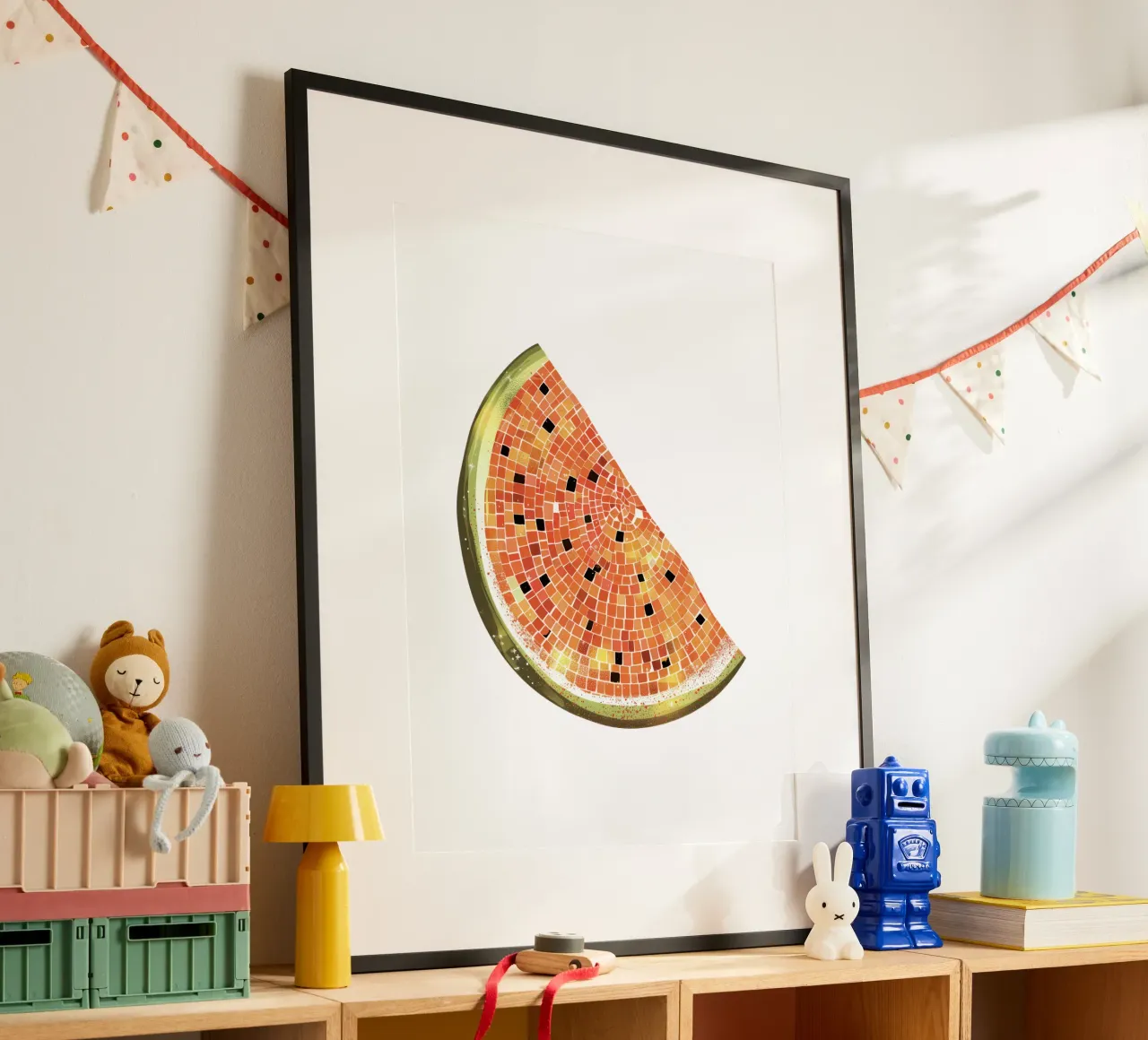 Fetta d'anguria, palla da discoteca - Frutti bianchi poster con telaio in alluminio da Peaches Art Prints