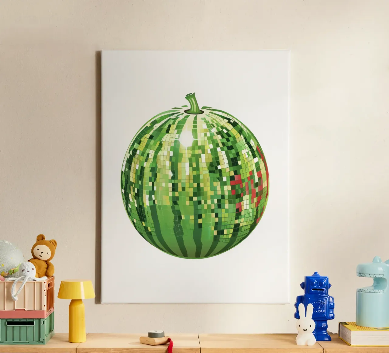 Anguria, palla da discoteca in frutti bianchi tela con Cornice a cassetta da Peaches Art Prints