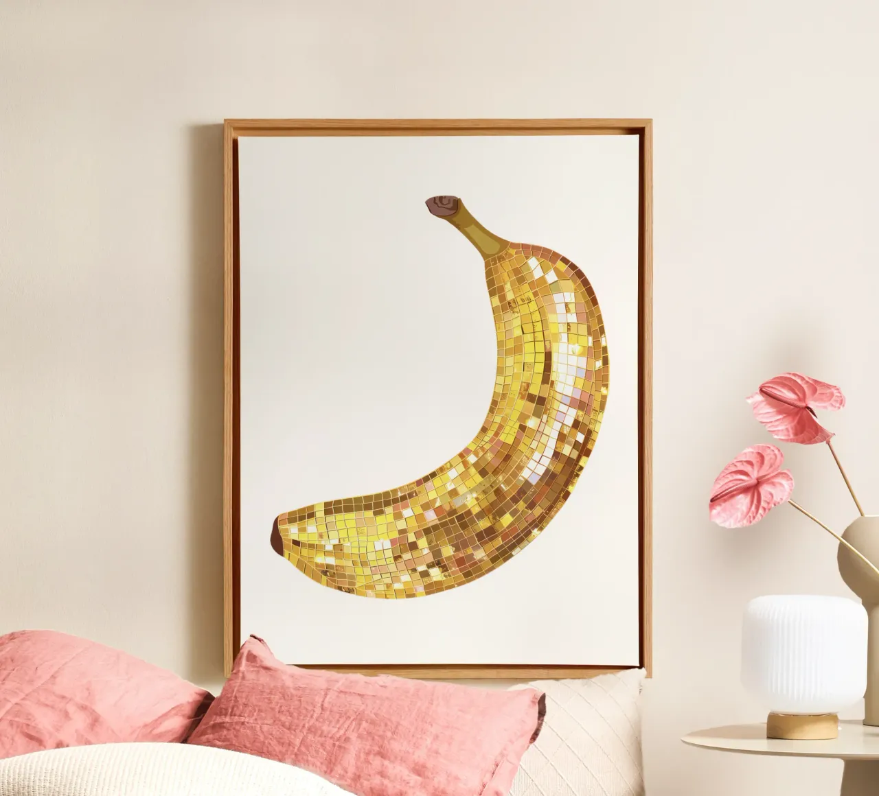 Banaan Disco Bal in Wit - Fruit canvas met Baklijst van Peaches Art Prints