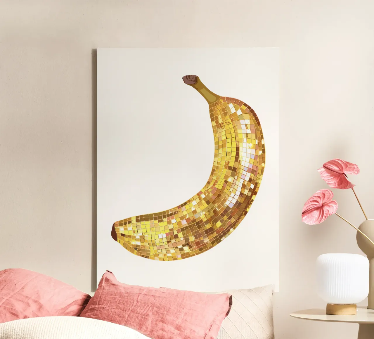 Banaan Disco Bal in Wit - Fruit canvas met Baklijst van Peaches Art Prints