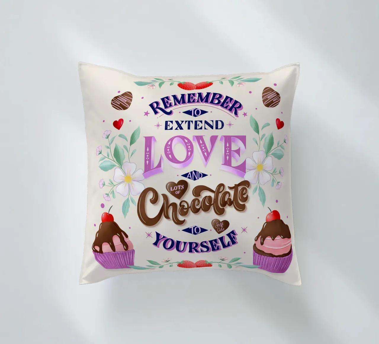Amore per se stessi, cioccolato e fragole. Sinnspruch. cuscino da CalliLetters