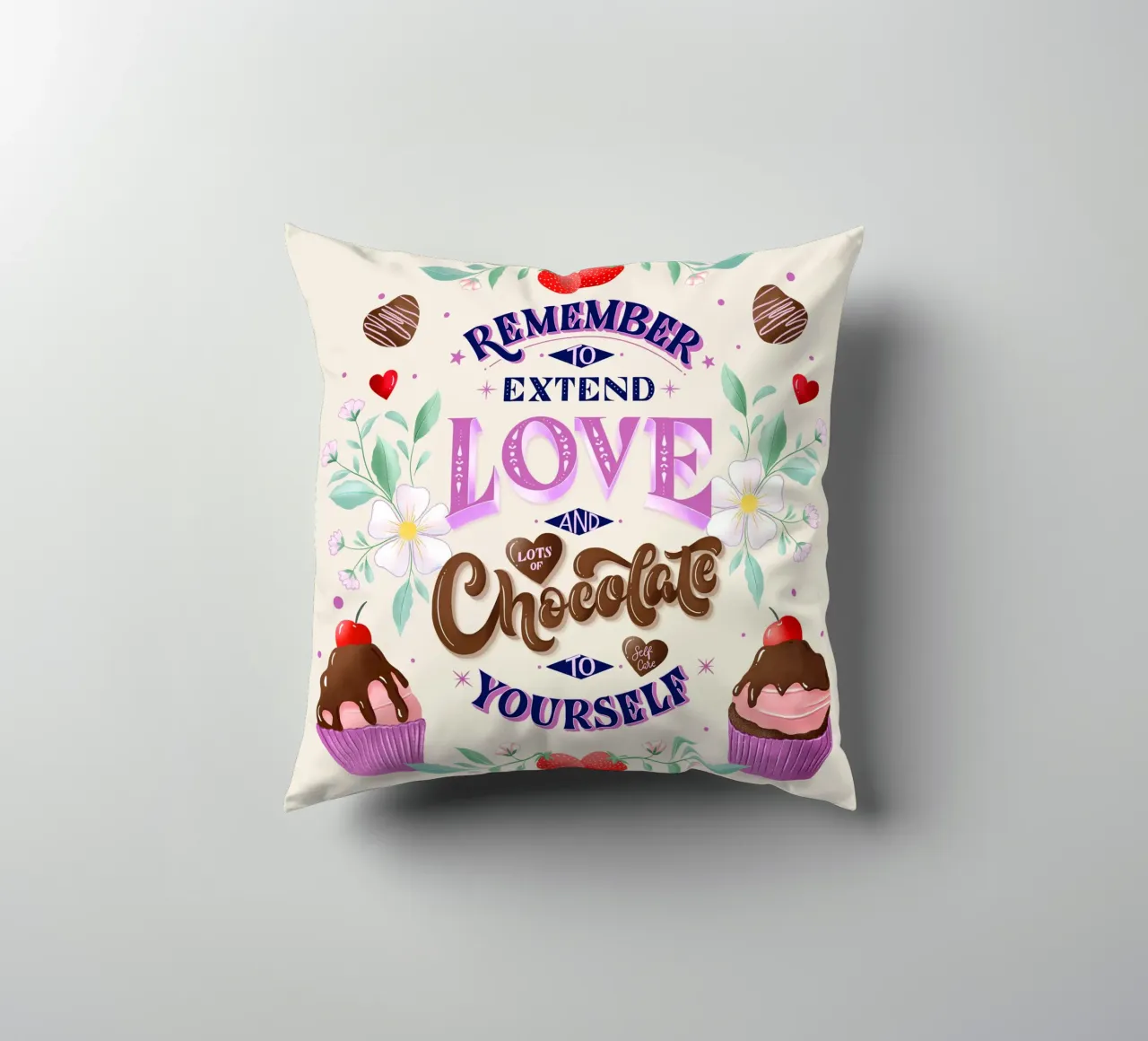 Amore per se stessi, cioccolato e fragole. Sinnspruch. cuscino da CalliLetters