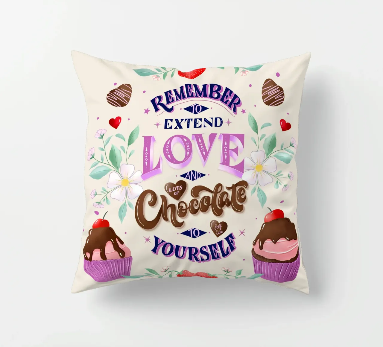 Amore per se stessi, cioccolato e fragole. Sinnspruch. cuscino da CalliLetters