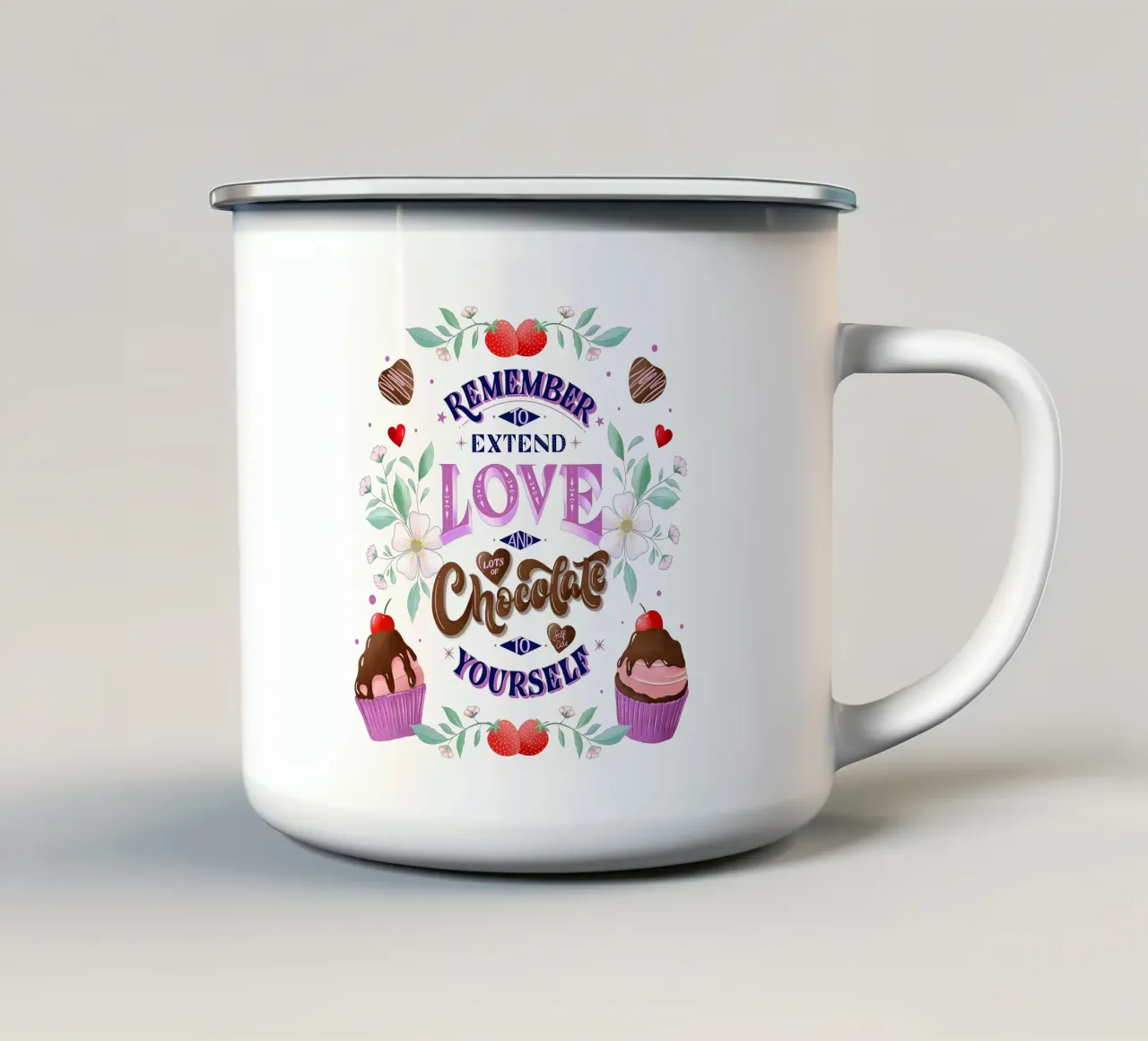 Amore per se stessi, cioccolato e fragole. Sinnspruch. tazza in smalto da CalliLetters