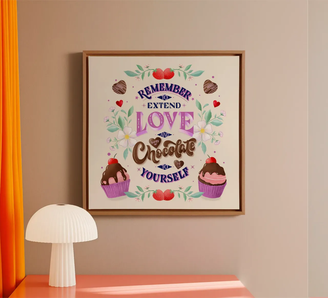 Amore per se stessi, cioccolato e fragole. Sinnspruch. tela con Cornice a cassetta da CalliLetters