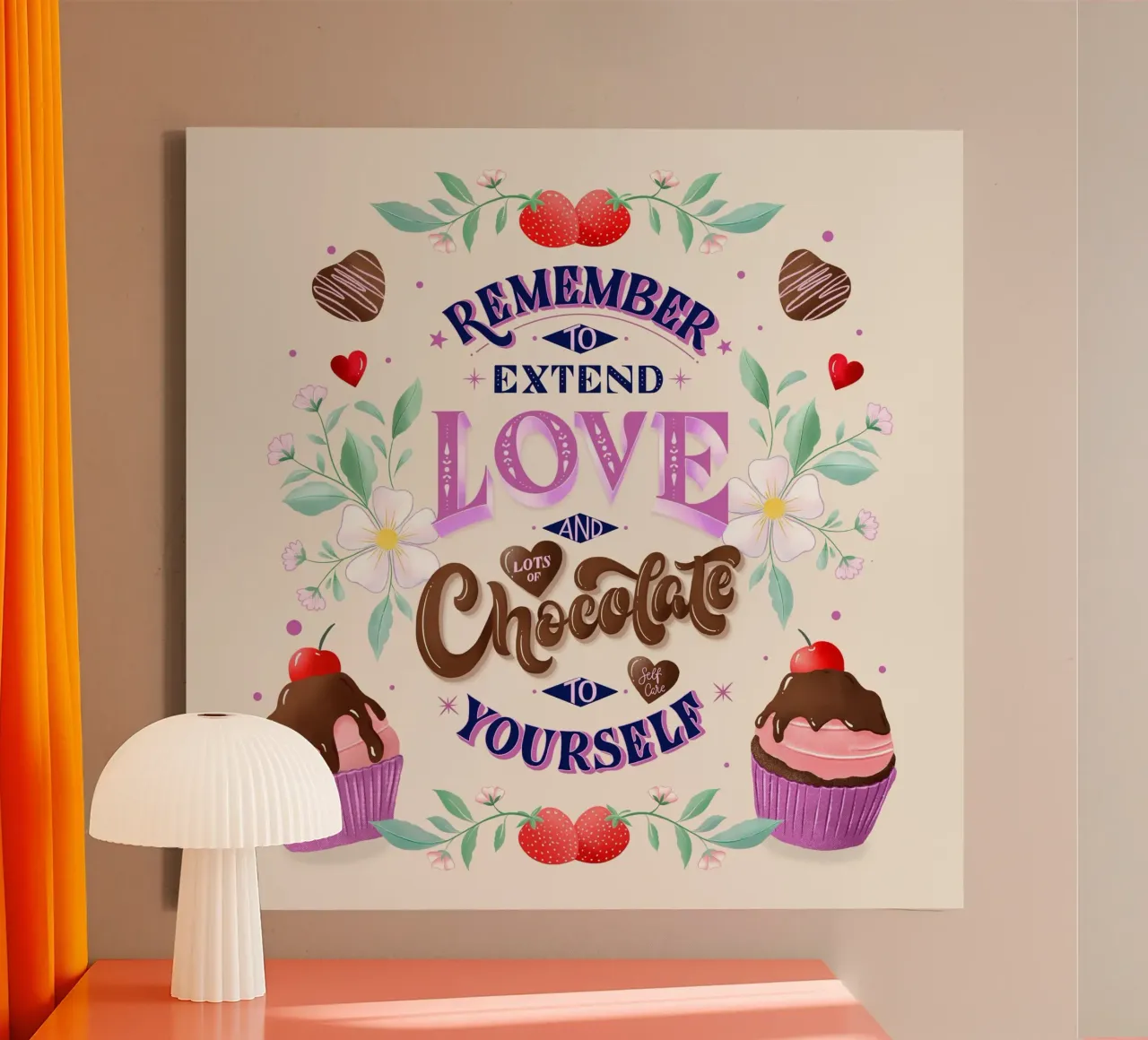 Amore per se stessi, cioccolato e fragole. Sinnspruch. tela con Cornice a cassetta da CalliLetters