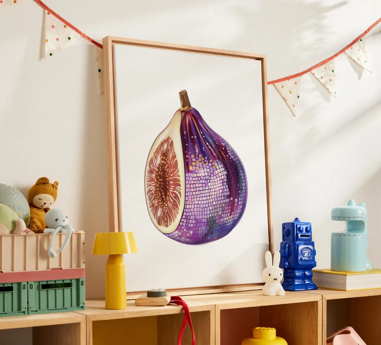Fico, Disco Ball Art in bianco - Frutta tela con Cornice a cassetta da Peaches Art Prints