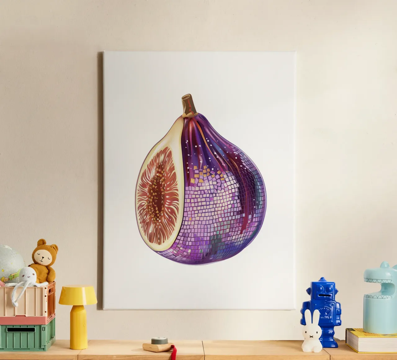 Fico, Disco Ball Art in bianco - Frutta tela con Cornice a cassetta da Peaches Art Prints