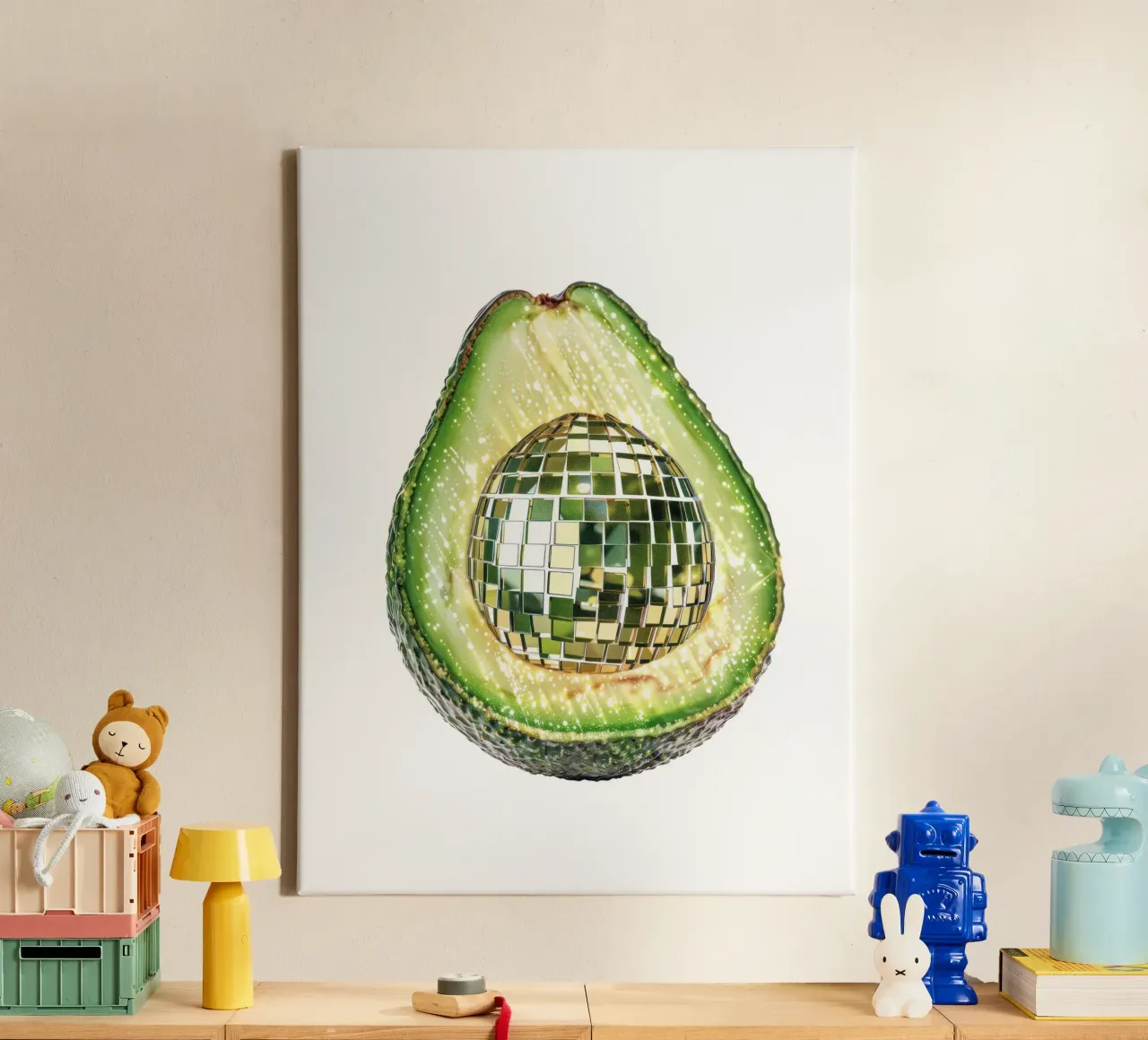Palla da discoteca Avocado in bianco - Frutta tela con Cornice a cassetta da Peaches Art Prints