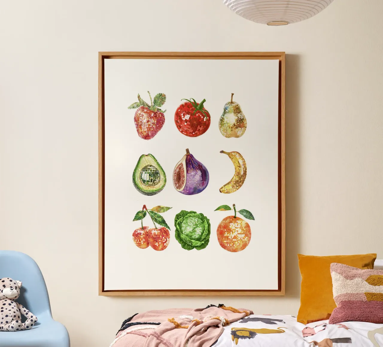 Disco da cucina, Disco Ball frutta e verdura in bianco tela con Cornice a cassetta da Peaches Art Prints
