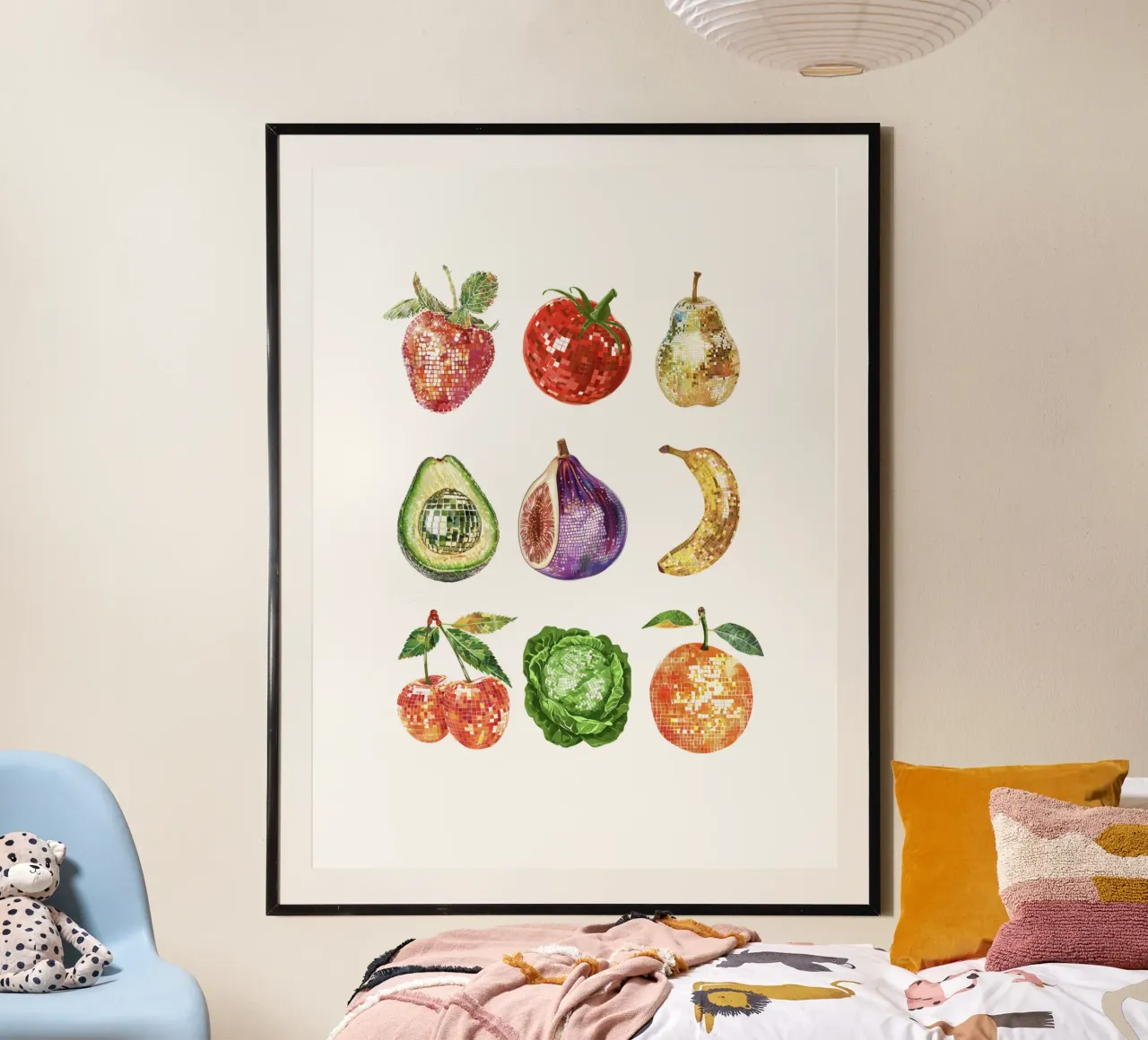 Disco da cucina, Disco Ball frutta e verdura in bianco poster da Peaches Art Prints