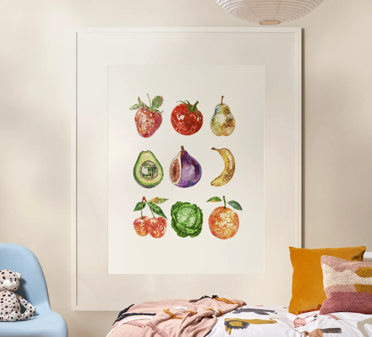 Disco da cucina, Disco Ball frutta e verdura in bianco poster da Peaches Art Prints