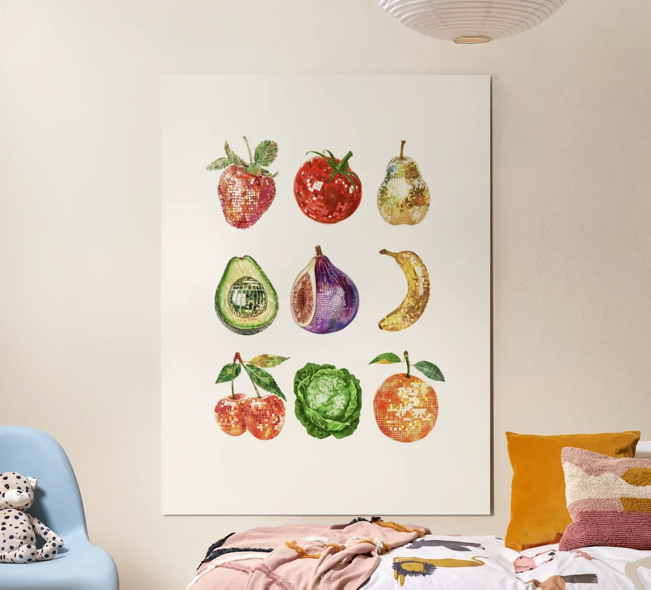 Disco da cucina, Disco Ball frutta e verdura in bianco poster da Peaches Art Prints