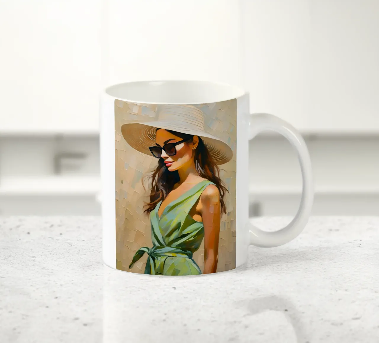 Donna in abito estivo verde tazza in ceramica da Take Your Art BV