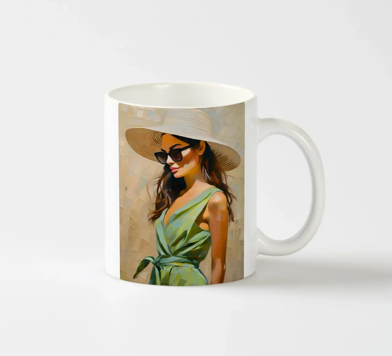 Donna in abito estivo verde tazza in ceramica da Take Your Art BV