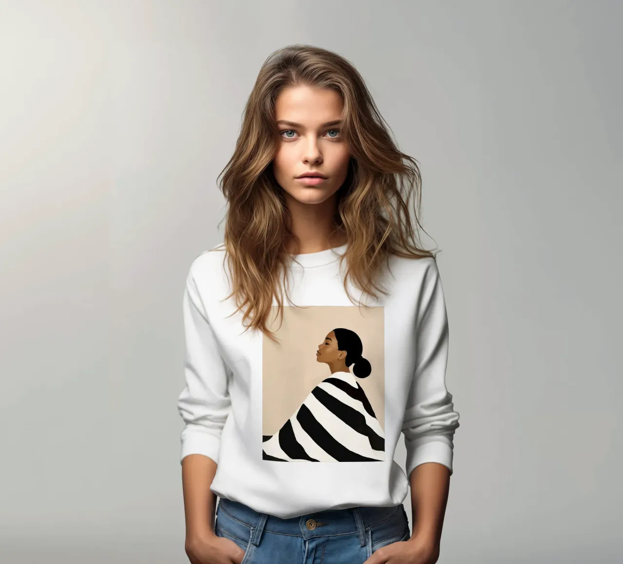 Ritratto di donna con abito a righe bianche e nere felpa da Take Your Art BV