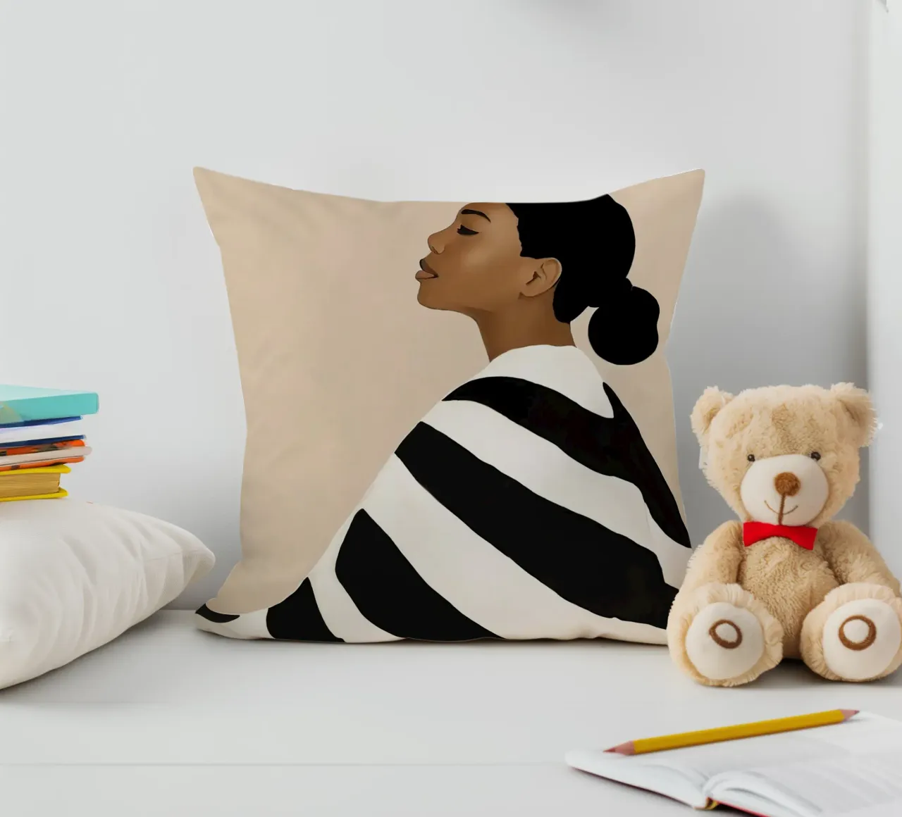 Ritratto di donna con abito a righe bianche e nere cuscino da Take Your Art BV