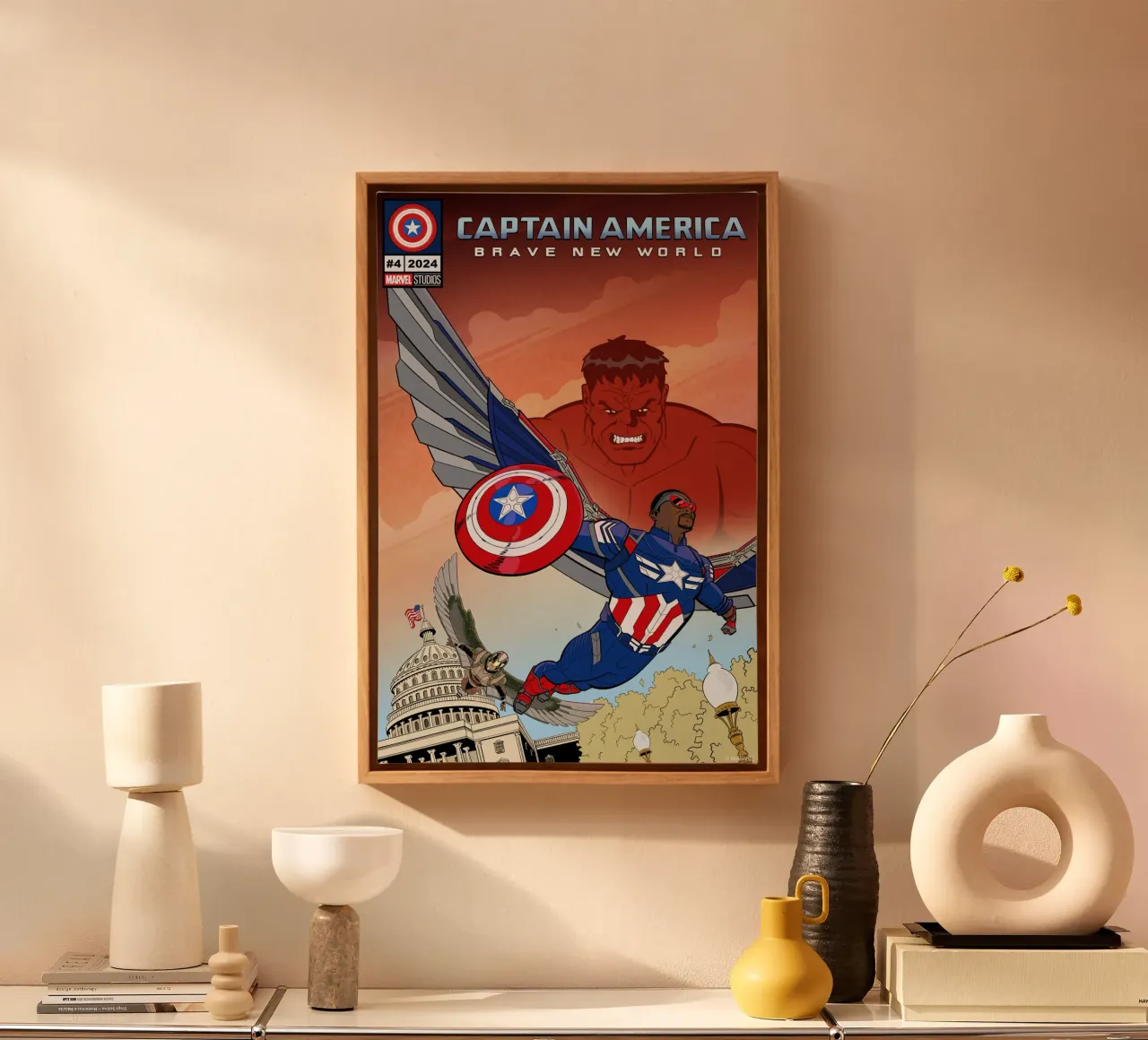 Captain America #4: Brave New World tela con Cornice a cassetta da MARVEL Designs by JUNIQE