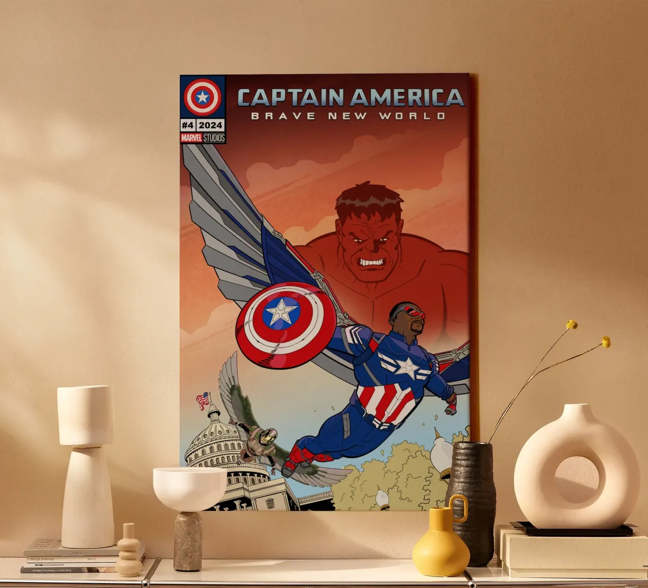 Captain America #4: Brave New World tela con Cornice a cassetta da MARVEL Designs by JUNIQE