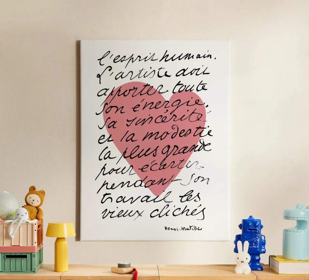 Henry Matisse Quote, Pink Heart Verve Print Love canvas met Baklijst van Peaches Art Prints