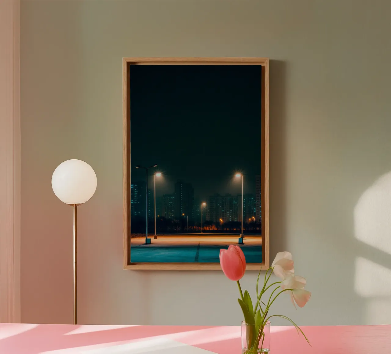 Pyongyang under the streetlights - A burst of urban solitude canvas with Floater frame by By Night